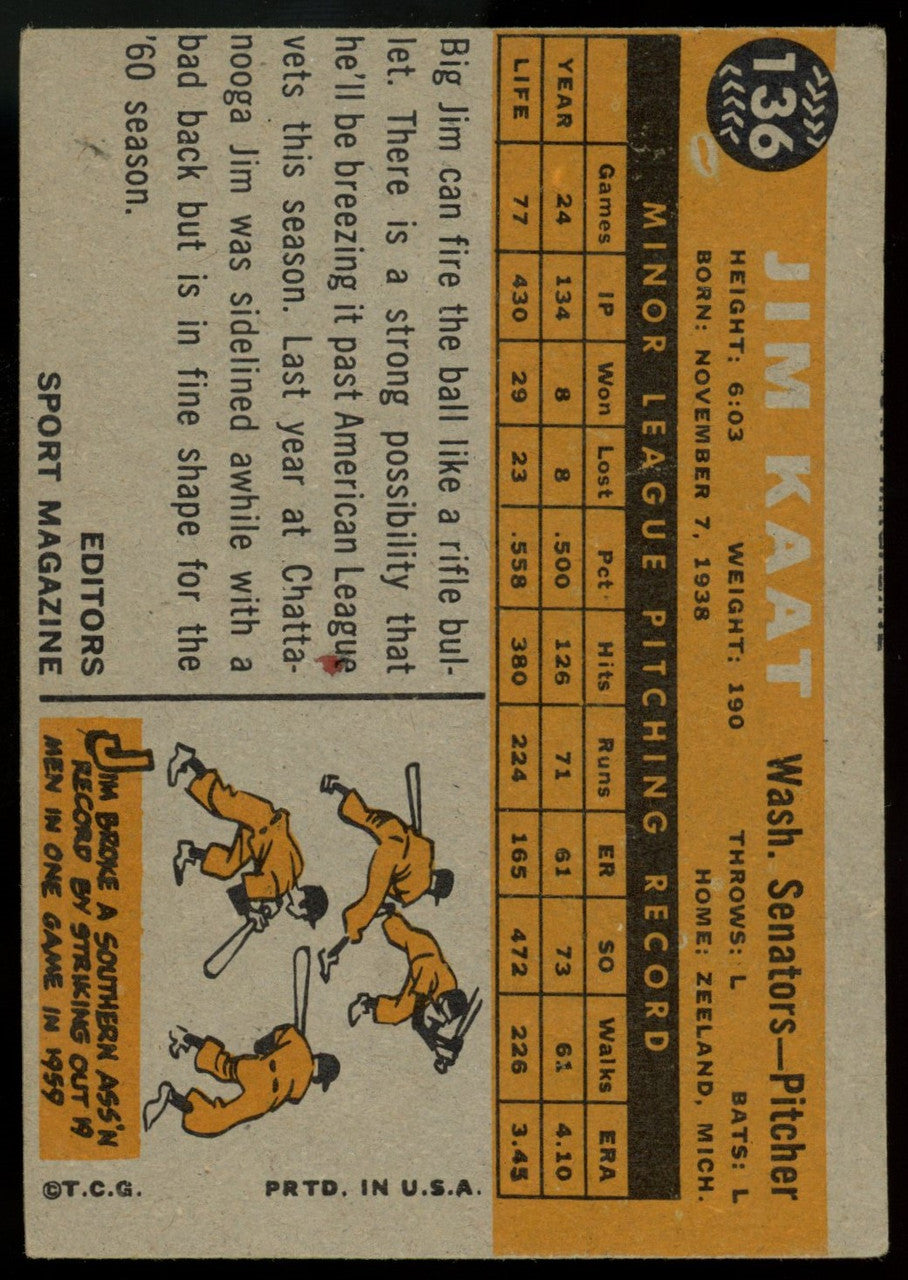 1960 Topps Jim Kaat RC #136 VG/EX