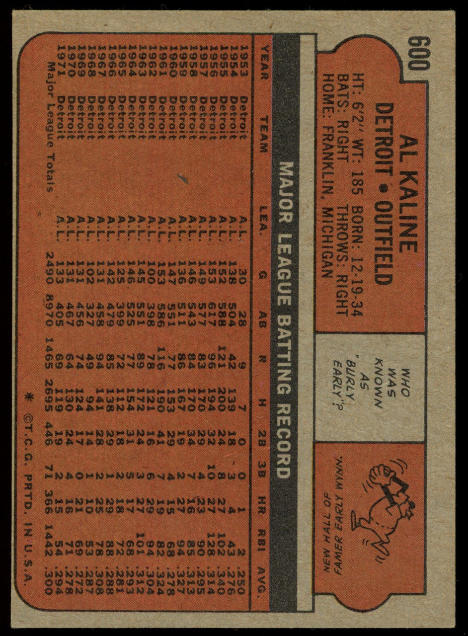 1972 Topps Al Kaline #600 EX O/C