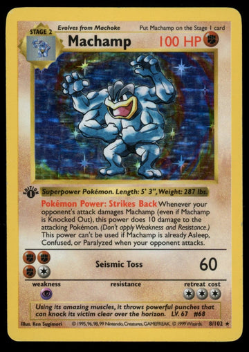 Pokemon Machamp 1st Edition Base Set Shadowless #8/102