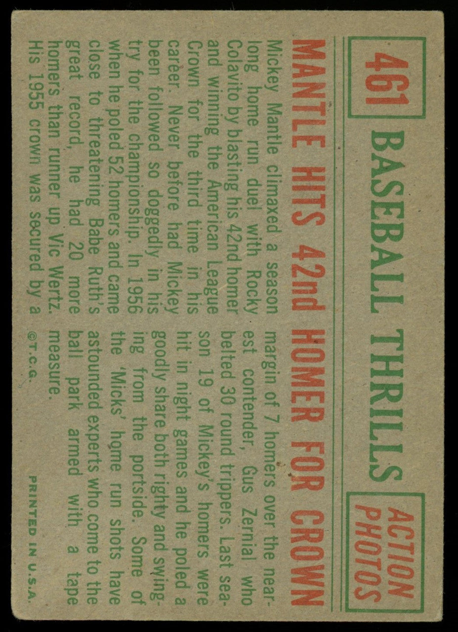 1959 Topps Baseball Thrills Mantle Hits 42nd Homer #461 VG
