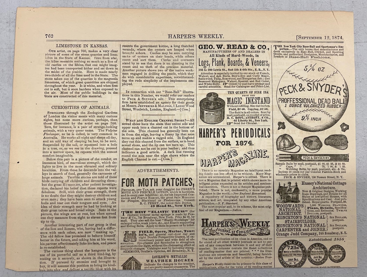 September 12 1874 Harper's Weekly Woodcut The Maple Leaf Baseball Club