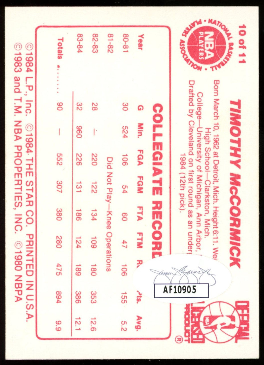 1985 Star Co. Tim McCormick All-Rookie #10 Auto JSA