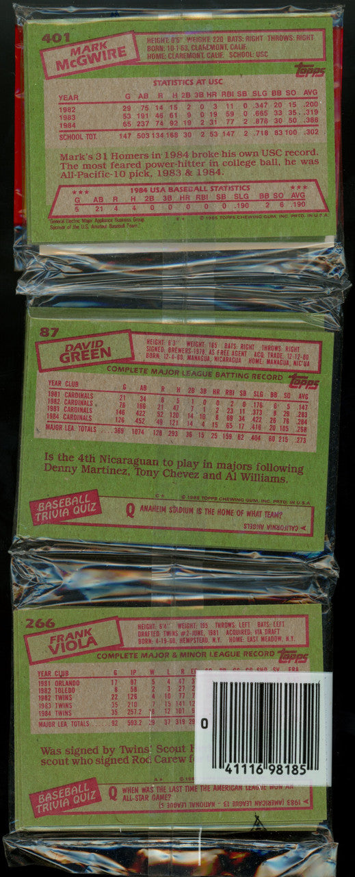 1985 Topps Baseball Rack Pack Mark McGwire RC On Back