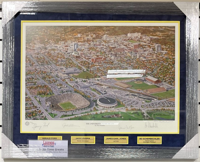 U of M Autographed Framed Lithograph (Gerald Ford, Bo, James Earl Jones, Lousma)