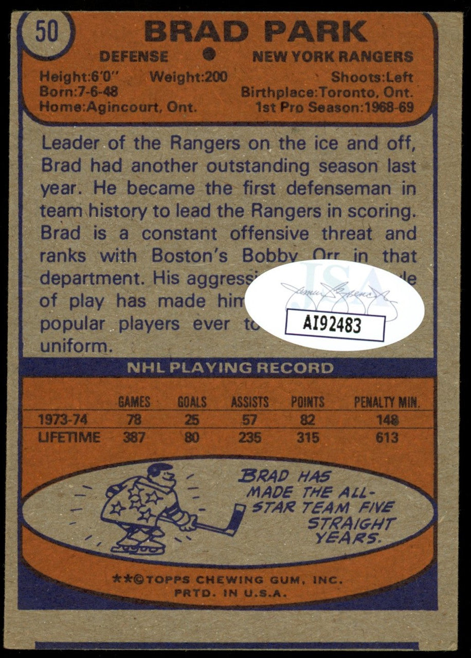 1974/75 Topps Brad Park Signed Autographed Card #50 JSA