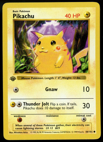 1999 Pokemon Shadowless Red Cheecks Pikachu Base Set 1st Edition 58/102 LP
