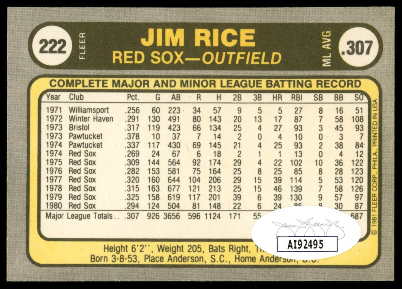 1981 Fleer Jim Rice Signed Autographed Card #222 JSA