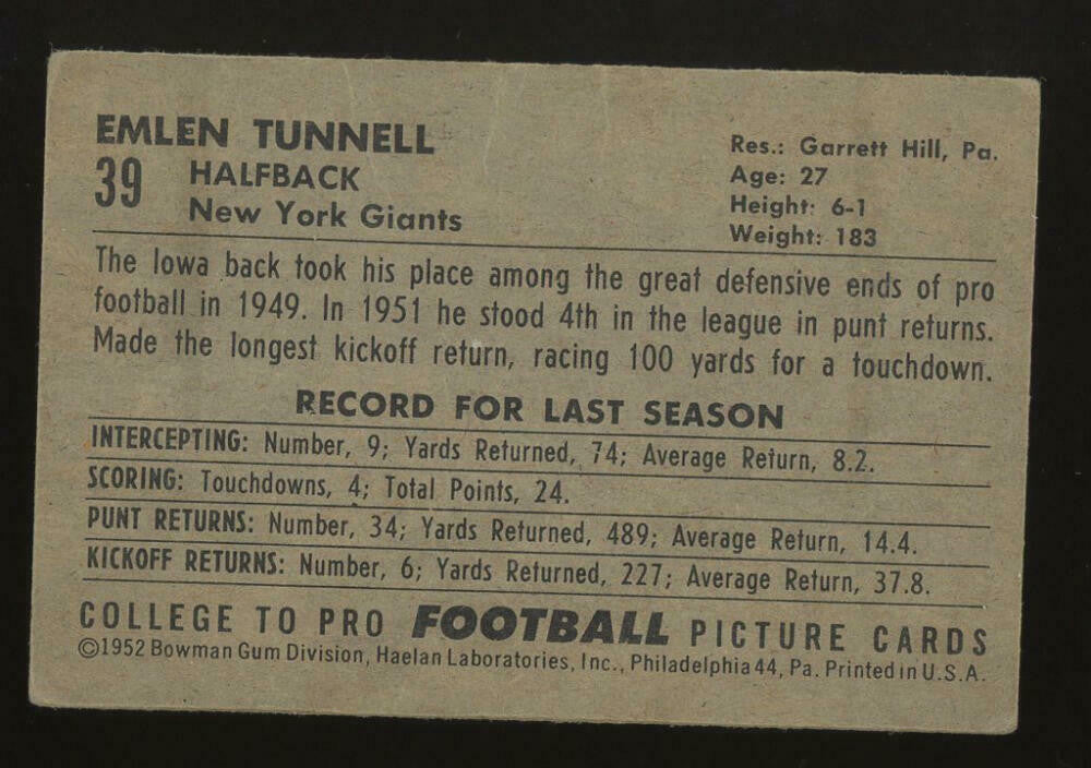 1952 Bowman Football Small #39 Emlen Tunnell HOF New York Giants - VG Condition