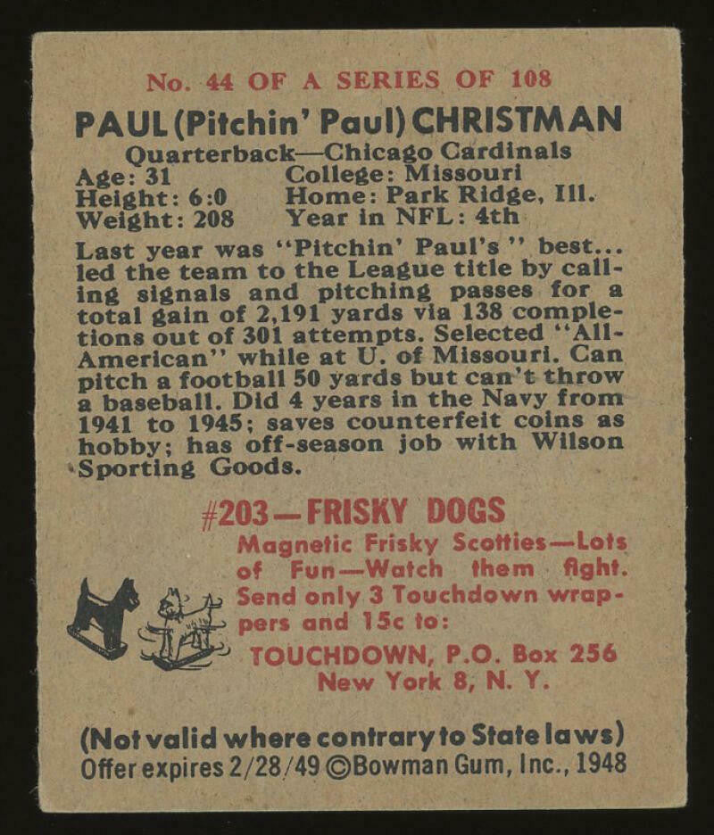 1948 Bowman Vintage Football #44 Paul Christman RC Rookie Cardinals - VG-EX