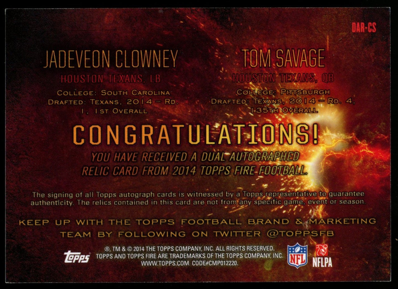 2014 Topps Fire Jadeveon Clowney Tom Savage Dual RC Patch Auto /10