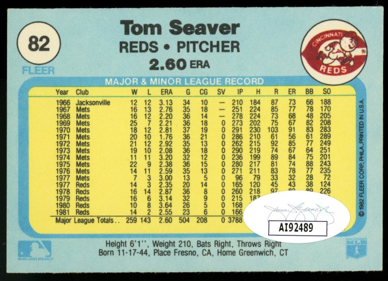 1982 Fleer Tom Seaver Signed Autographed Card #82 JSA