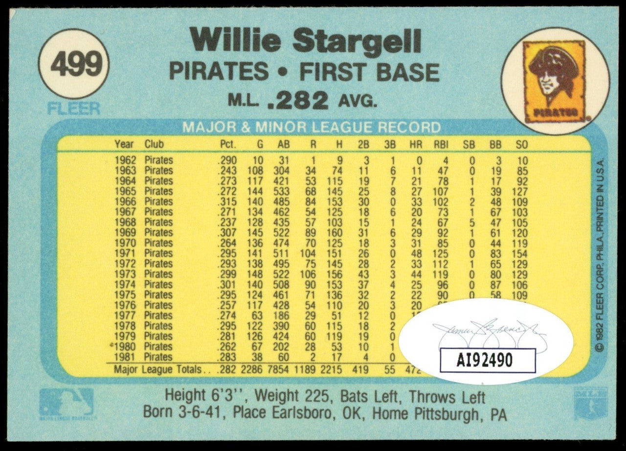 1982 Fleer Willie Stargell Signed Autographed Card #499 JSA