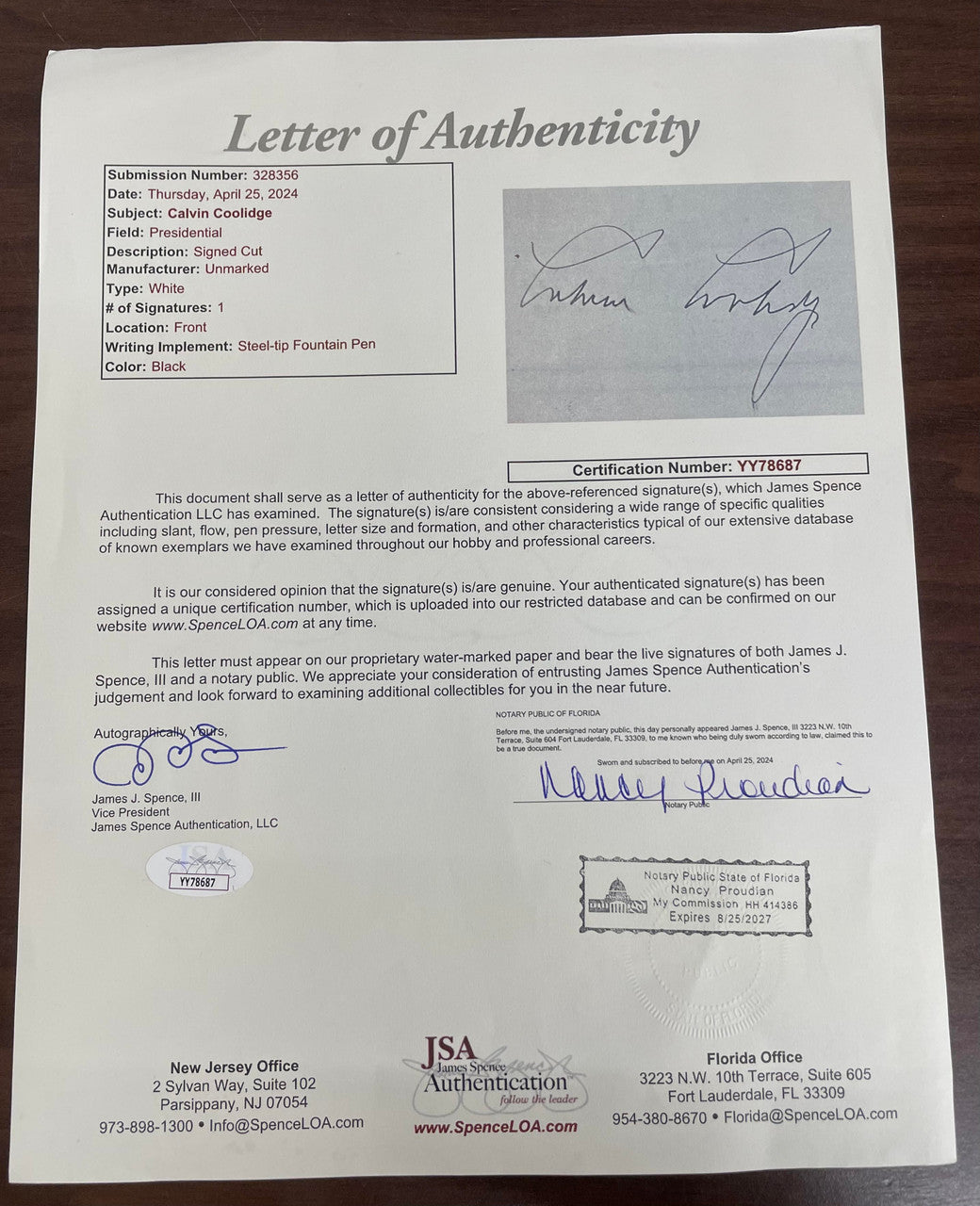 Calvin Coolidge Signed Autographed Cut JSA LOA