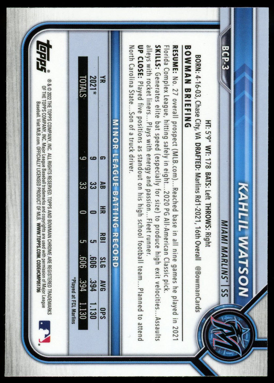 2022 Bowman Chrome Kahlil Watson 1st Bowman #BCP-3