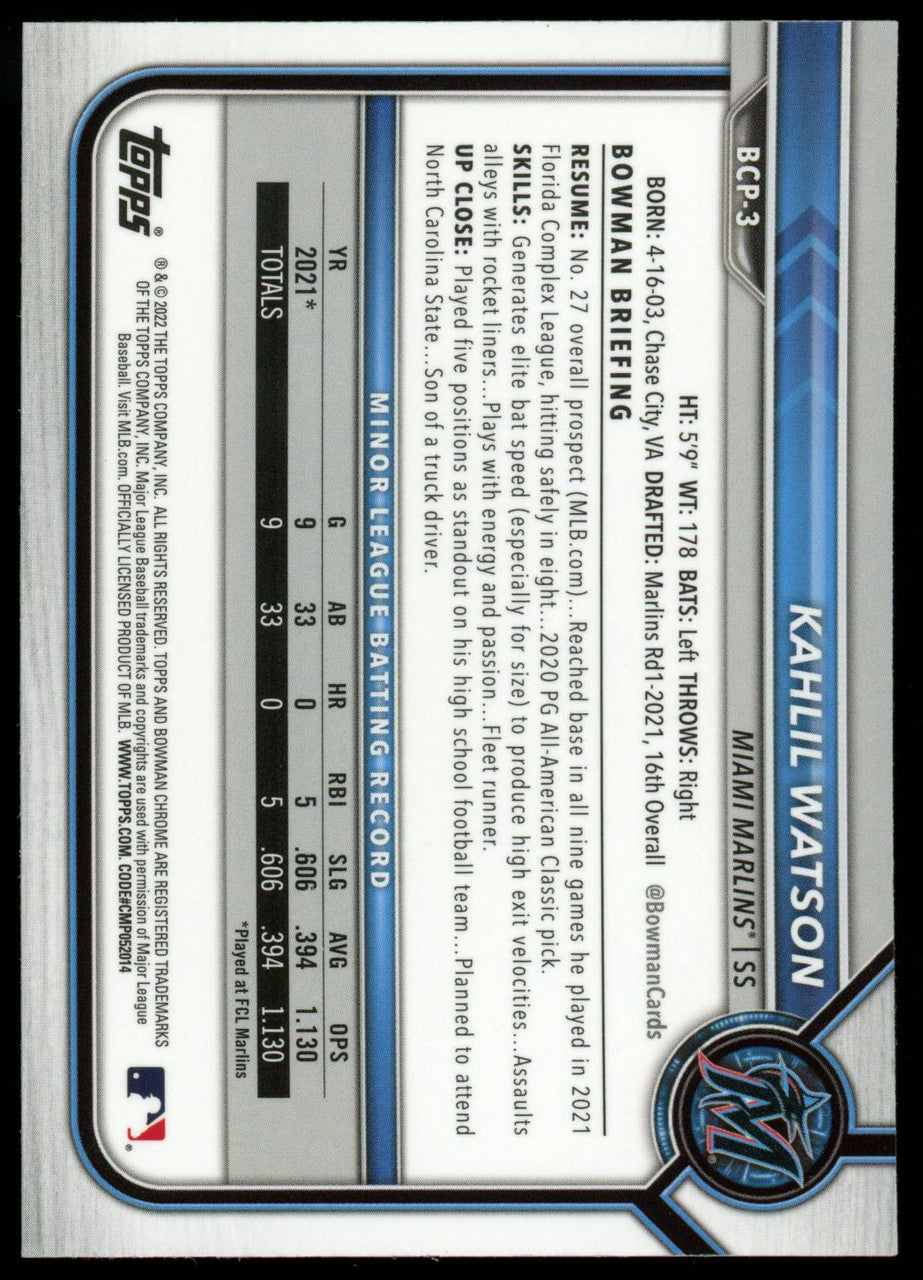 2022 Bowman Chrome Kahlil Watson Mojo Refractor 1st Bowman #BCP-3