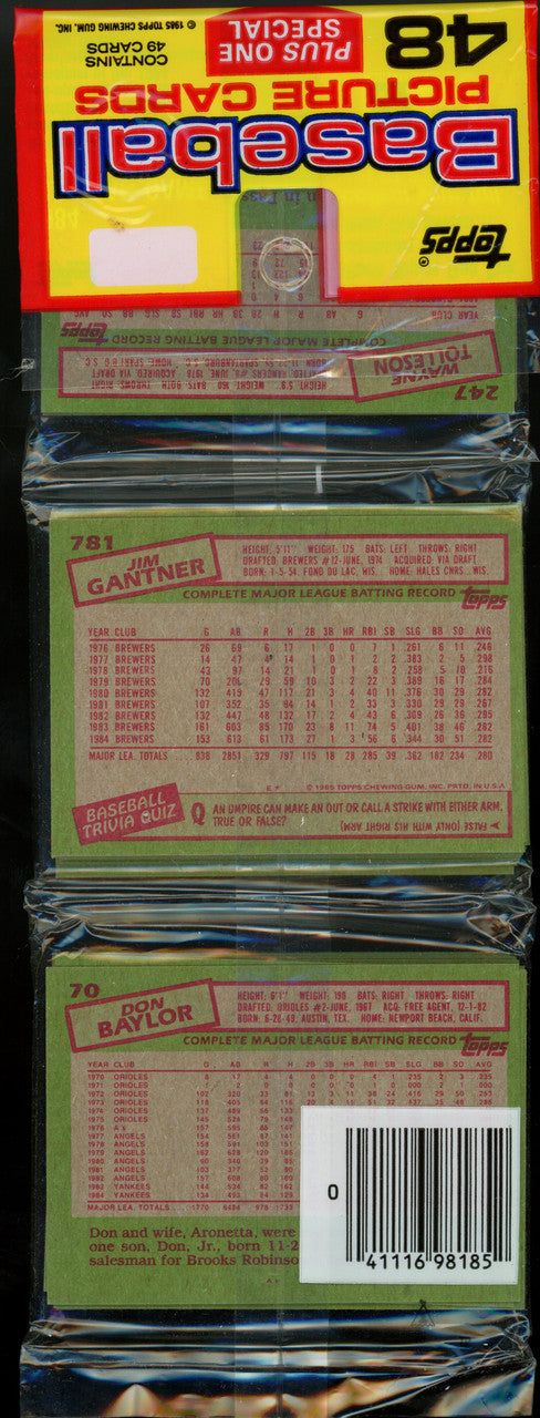 1985 Topps Baseball Rack Pack Kirby Puckett RC On Top