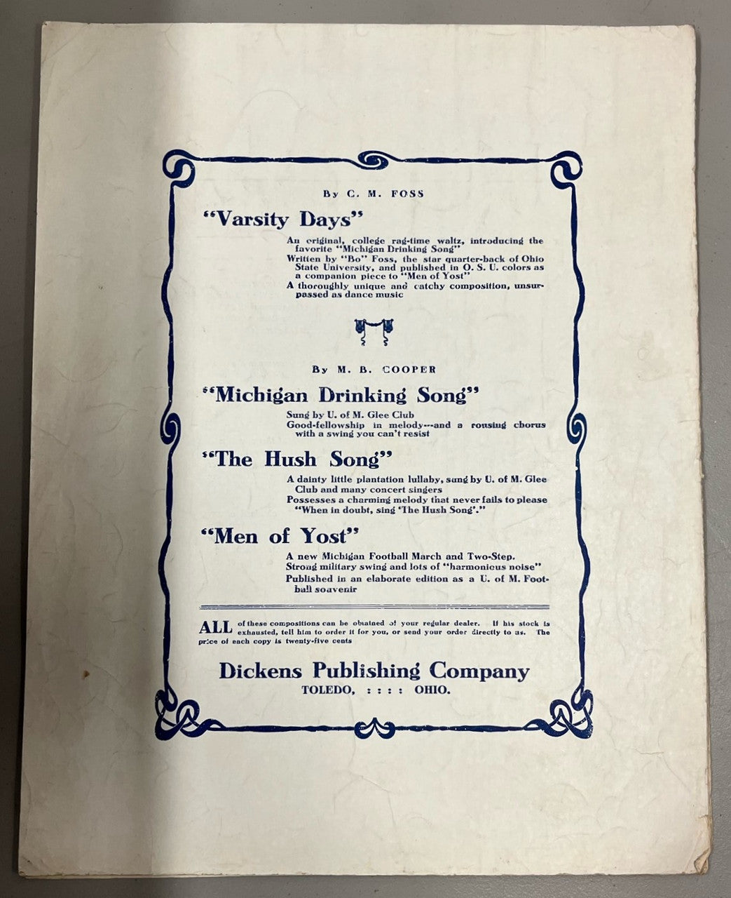 1904 University of Michigan Sheet Music - Men of Yost M.B. Cooper